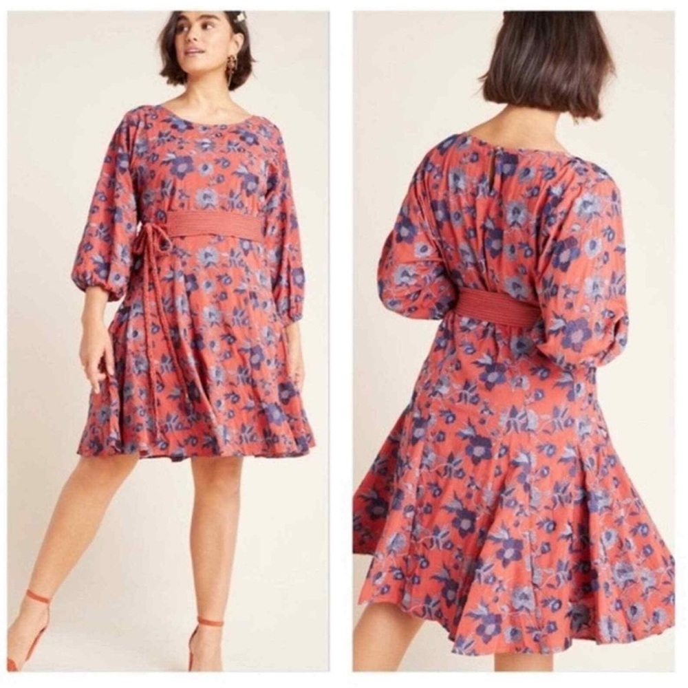 Anthropologie Boho Coral and Blue Embroidered Floral Midi Dress with Belt Size L